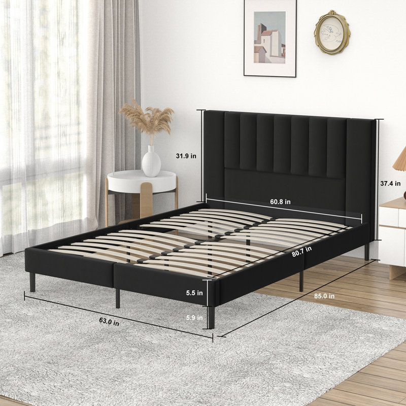 Flolinda Platform Bed Frame with Tufted Upholstered Headboard & Solid